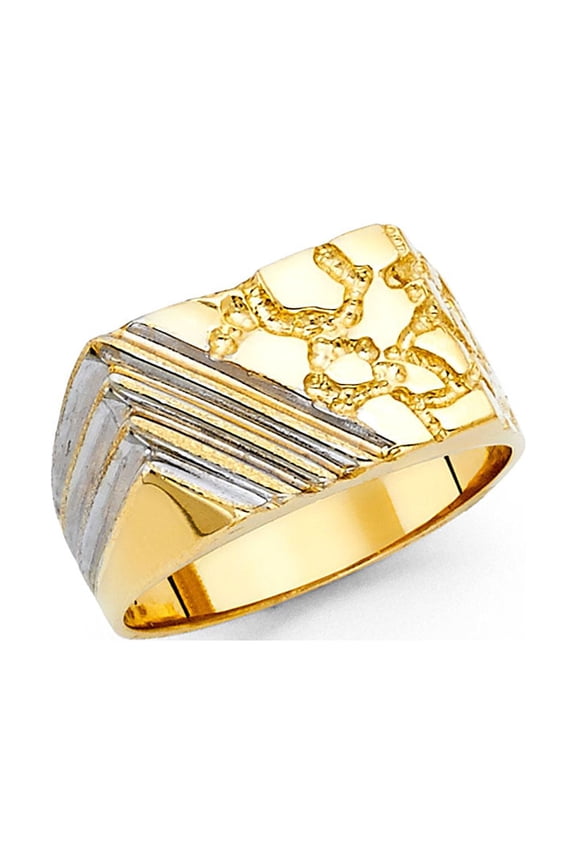 Mens Square Nugget Ring Solid 14k Yellow Gold Band Diamond Cut Textured Large Two Tone 12MM Size 9