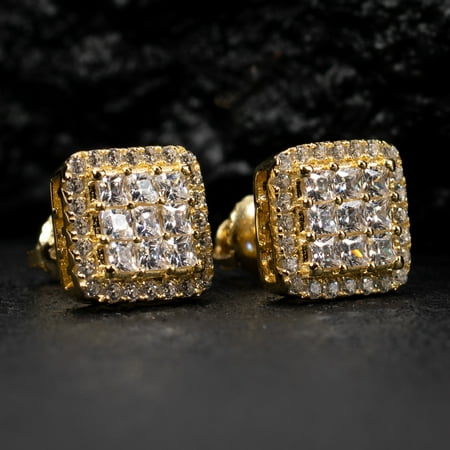 Mens Square Princess Cut Sterling Silver Gold Large Hip Hop Screw Back Earrings