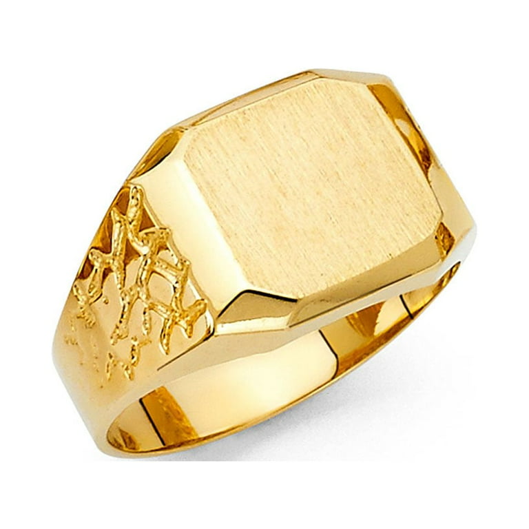 Mens Square Ring Solid 14k Yellow Gold Diamond Cut Brushed Finish