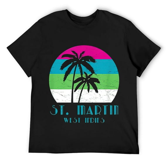 Mens St. Martin, West Indies Vintage Palm Tree Sunset Vacation T-Shirt Black 4X-Large