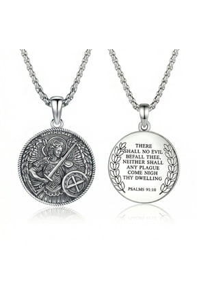 Mens St Michael Medal Necklace, 925 Sterling Silver Vintage Relief Archangel Michael Pendant with Shield, Catholic Spiritual Protection Amulet Jewelry Gifts for Men
