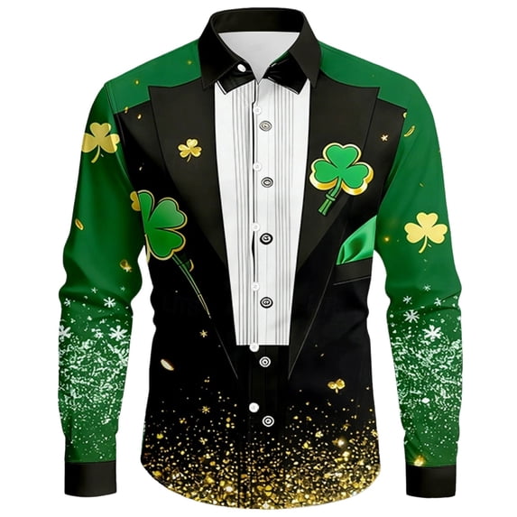Mens St Patrick T Shirt Button Down Print Festive Party Celebration Casual Long Sleeve Spring Fall Shirts