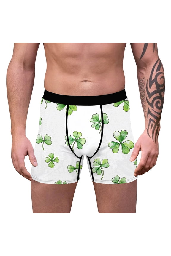 Mens St. Patrick's Day Boxer Briefs 4 Leaf Clover Print Moisture Wicking Performance Stretch Underwear S-3XL,Size 3XL