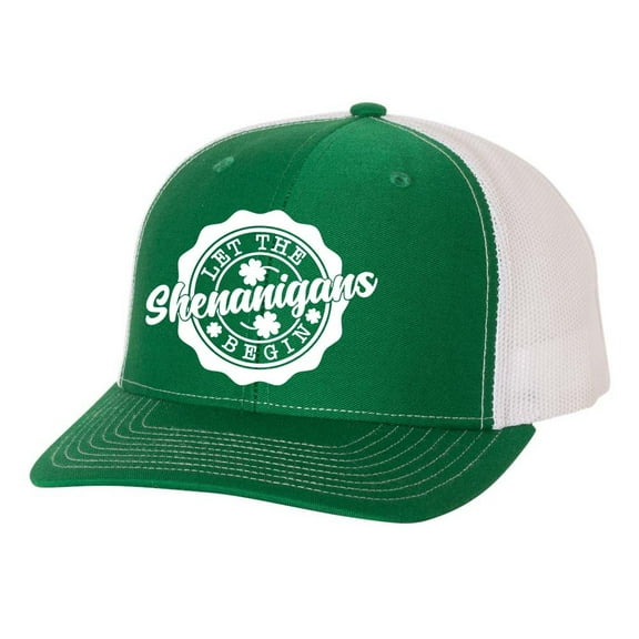Mens St. Patrick's Day Let The Shenanigans Begin Clover Embroidered Mesh Back Trucker Hat, Irish Green/White