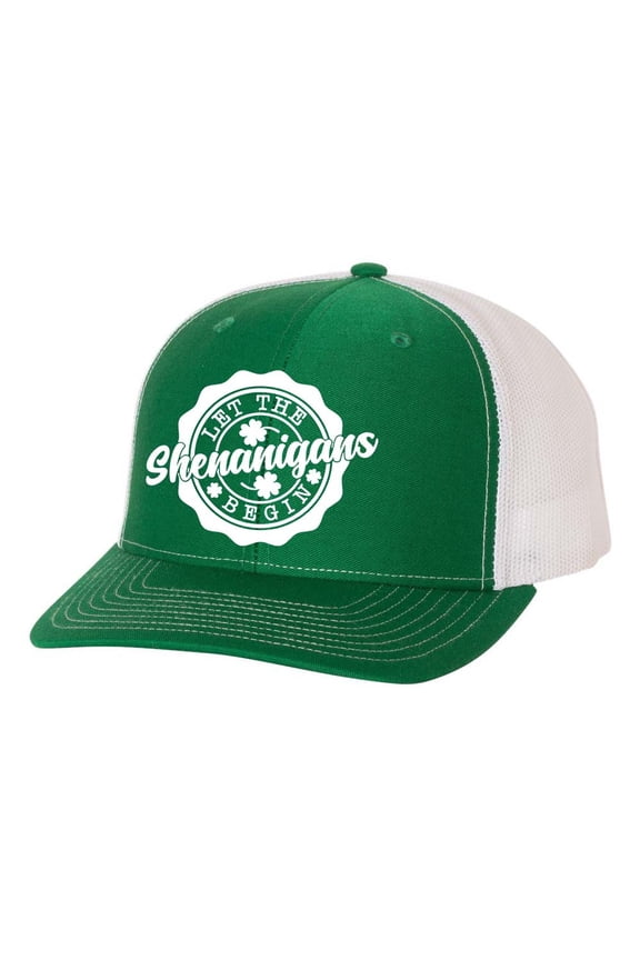Mens St. Patrick's Day Let The Shenanigans Begin Clover Embroidered Mesh Back Trucker Hat, Irish Green/White