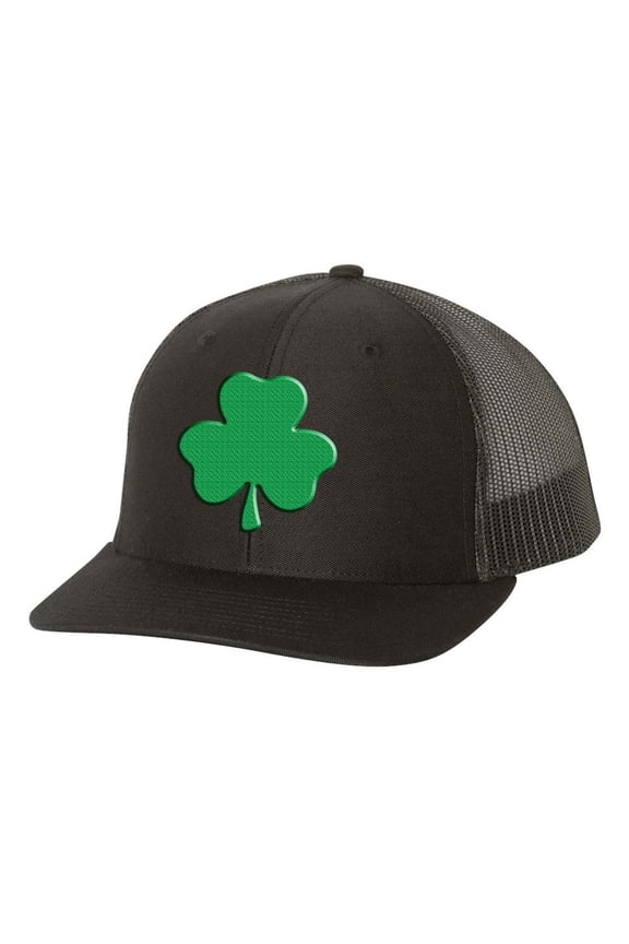 Mens St. Patrick's Day Lucky Clover Embroidered Mesh Back Trucker Hat, Black/Black