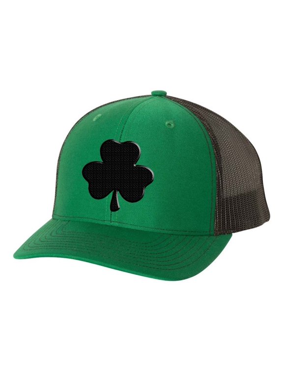 Mens St. Patrick's Day Lucky Clover Embroidered Mesh Back Trucker Hat, Irish Green/Black