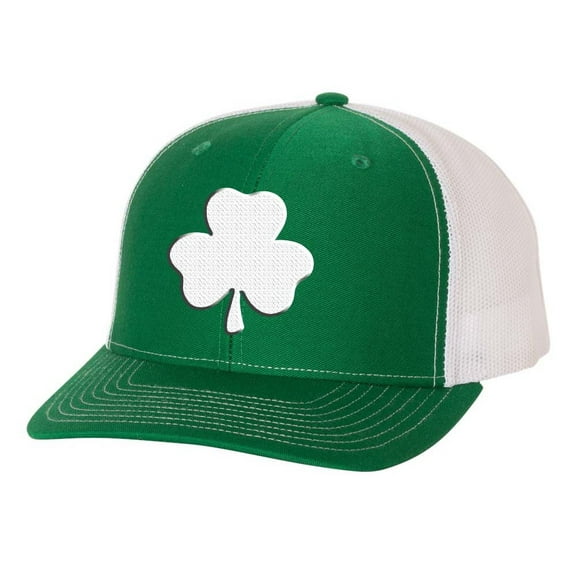 Mens St. Patrick's Day Lucky Clover Embroidered Mesh Back Trucker Hat, Irish Green/White