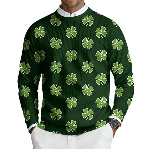 Mens St. Patrick's Day Pullover Funny Shamrock Graphic Knit Lightweight Crewneck Sweater Saint Patrick's Day Slim Fit Pullover