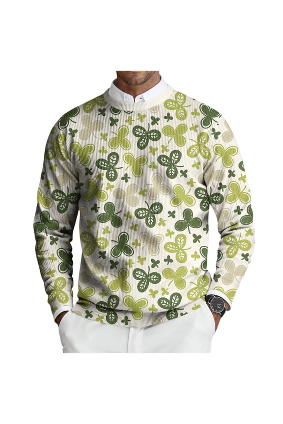 Mens St. Patrick's Day Pullover Stretch Crewneck Green Shamrock Pattern Sweaters Saint Patrick's Day Pullover Sweater for Men