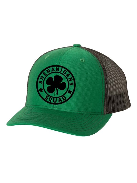 Mens St. Patrick's Day Shenanigans Squad Clover Embroidered Mesh Back Trucker Hat, Irish Green/Black