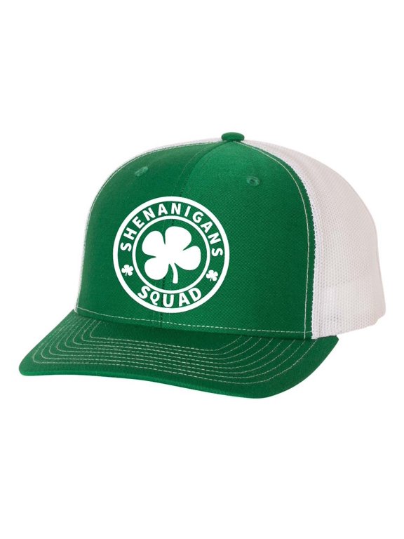 Mens St. Patrick's Day Shenanigans Squad Clover Embroidered Mesh Back Trucker Hat, Irish Green/White