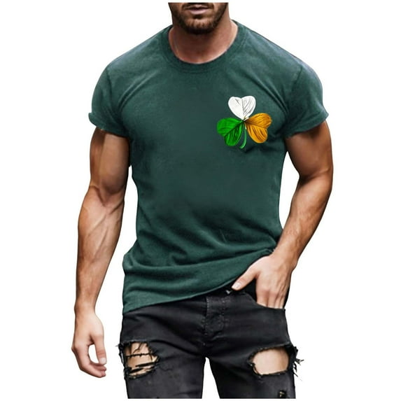 Mens St. Patrick's Day Short Sleeve T-Shirt Four Leaf Clover Print Crewneck Pullover Basic Casual Workout Top