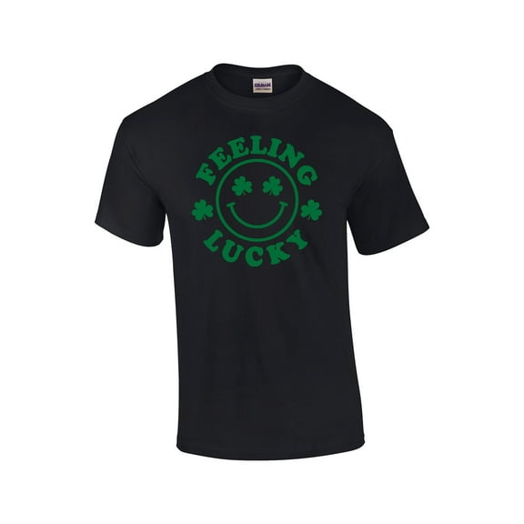 Mens St. Patricks Day Feelin Lucky Shamrock Clover Short Sleeve T-shirt Graphic Tee-Black-xl