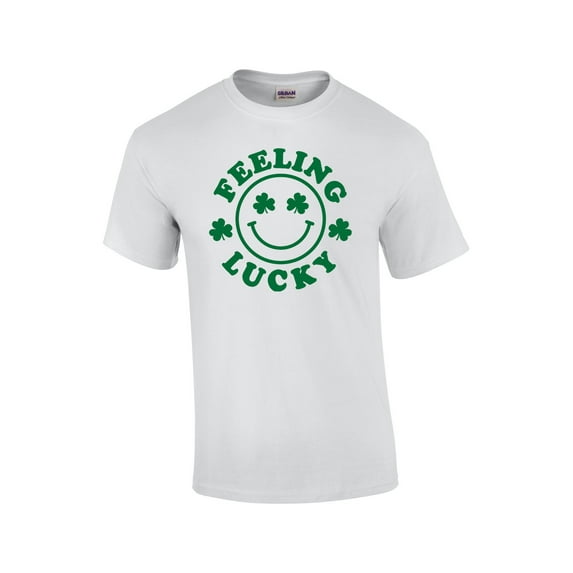 Mens St. Patricks Day Feelin Lucky Shamrock Clover Short Sleeve T-shirt Graphic Tee-White-5xl