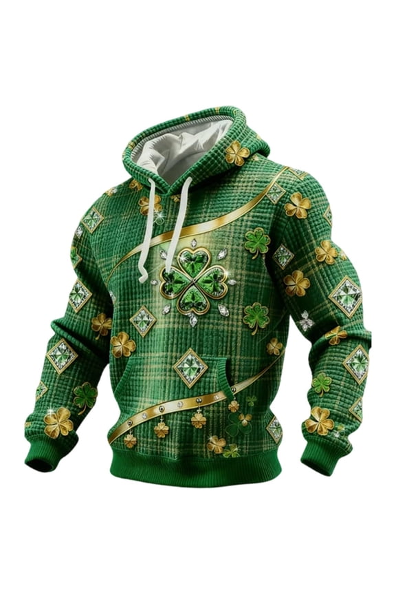 Mens St Patricks Day Hoodies Patchwork Color Hoodie for Men Long Sleeve Pullover Funny Irish Costume Pullover