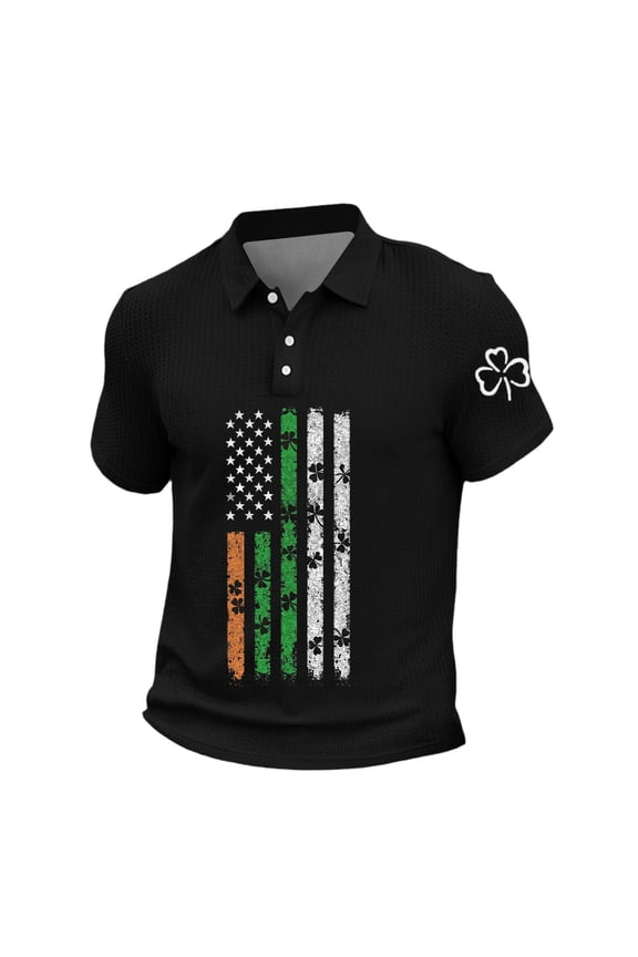 Mens St Patricks Day Shirt Short Sleeve Waffle Henley Shirts Shamrock and American Flag Graphic Tee Slim Fit Summer Shirts