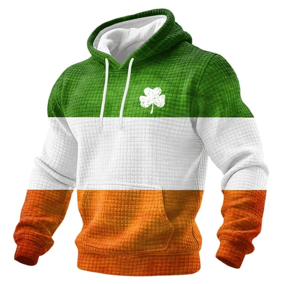 Mens St Patricks Day Sweatshirt Plus Size Vintage Shamrock Pullover Hoodies Waffle Long Sleeve Irish Sweatshirts Orange L