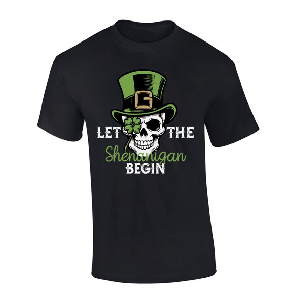 Mens St. Patricks Day Tshirt Let The Shenanigans Begin Skull Short Sleeve T-shirt-Black-small