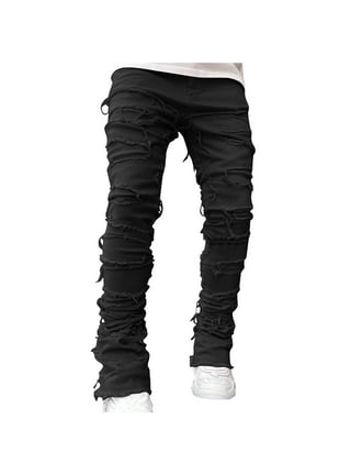 Mens Stacked Jeans Fashion Slim Fit Ripped Skinny Jeans Trendy Frayed Raw  Hem Denim Pants Hip Hop Streetwear Trousers