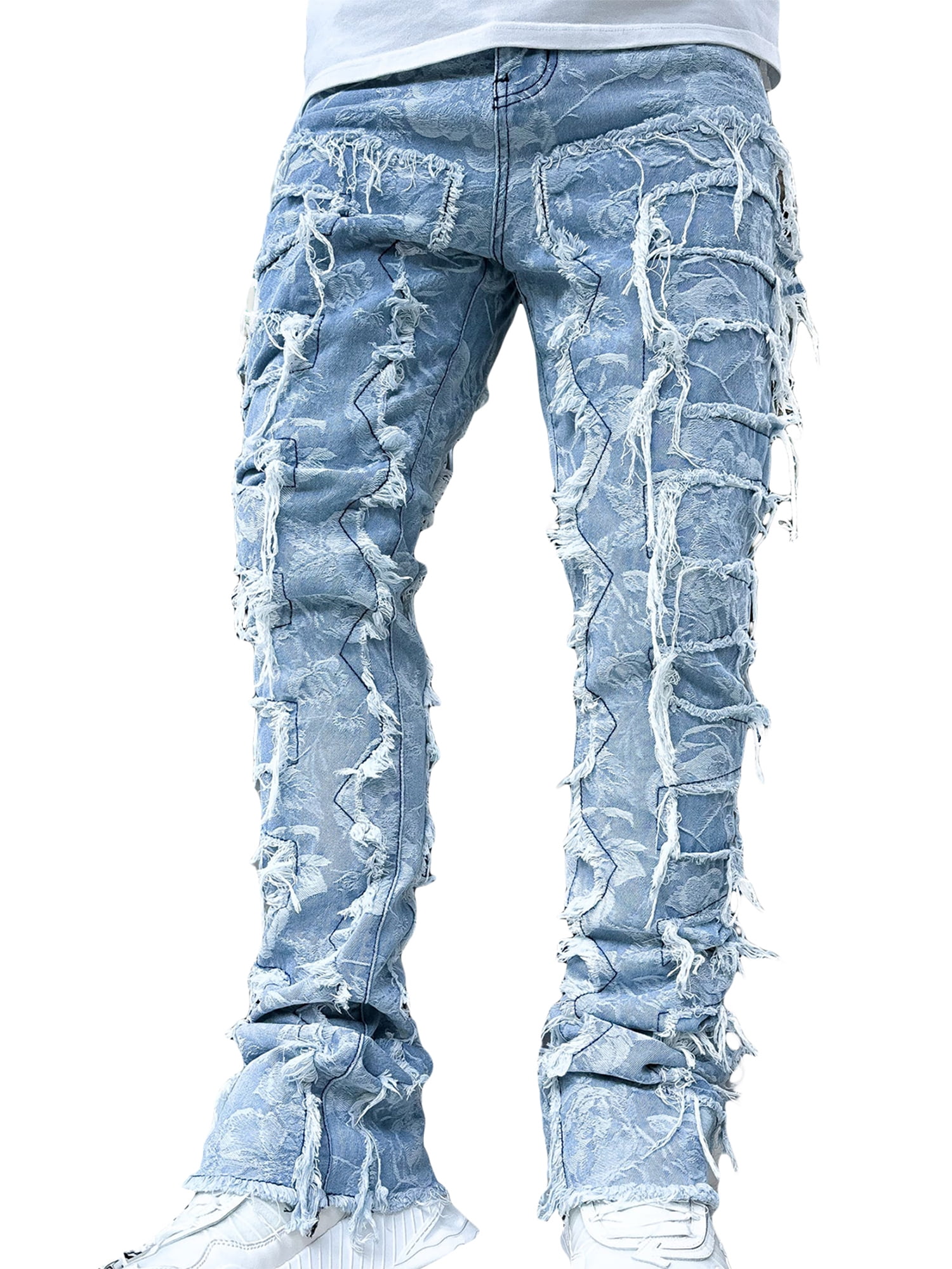 Mens Stacked Jeans Fashion Slim Fit Ripped Skinny Jeans Trendy Frayed ...