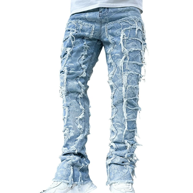 Mens Stacked Jeans Fashion Slim Fit Ripped Skinny Jeans Trendy Frayed Raw  Hem Denim Pants Hip Hop Streetwear Trousers 