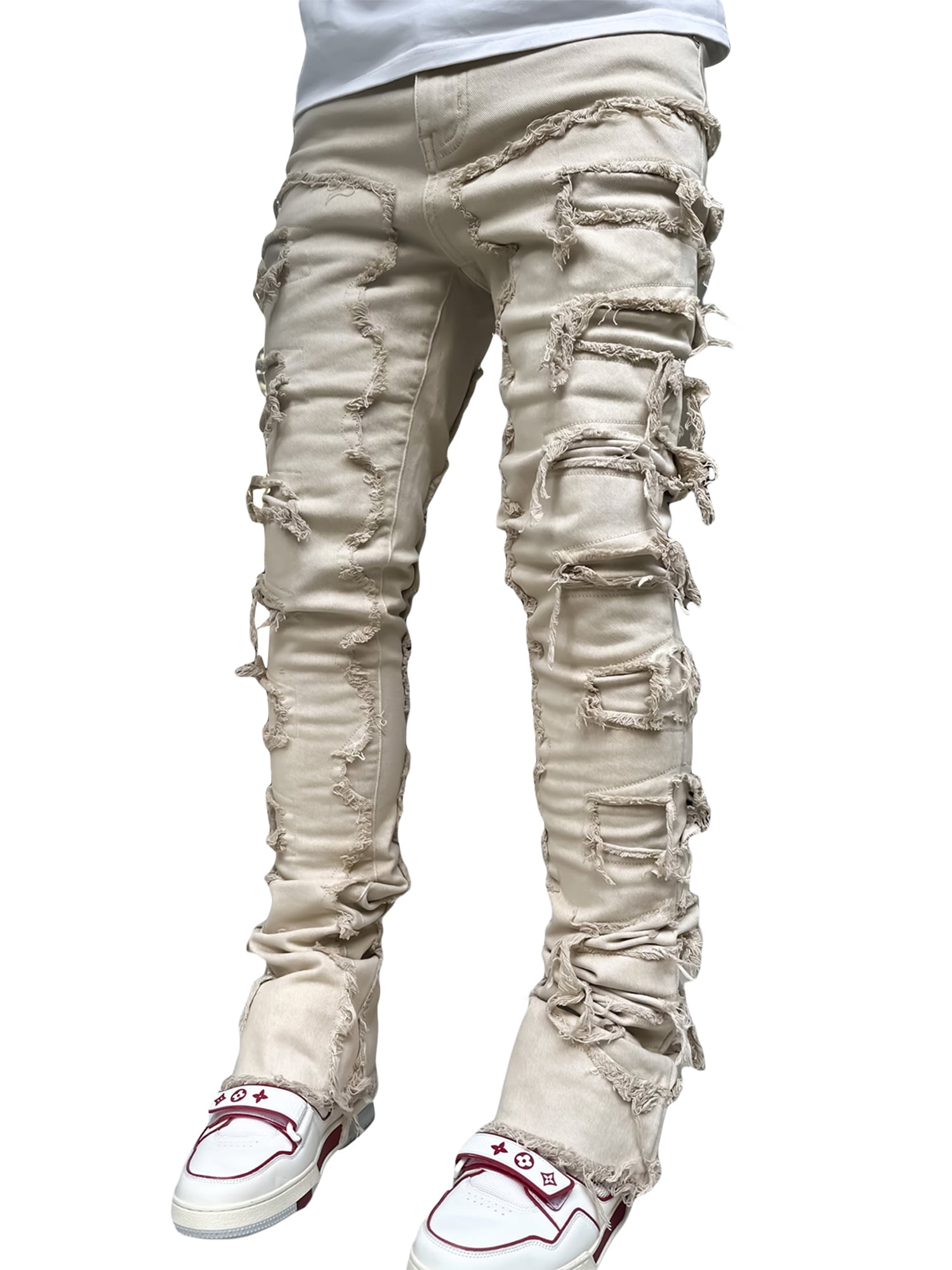 Mens Stacked Jeans Fashion Slim Fit Ripped Skinny Jeans Trendy Frayed ...