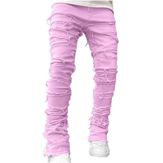 Mens Stacked Jeans Slim Fit Ripped Jeans Destroyed Straight Leg Denim Pants Harajuku Hip Hop Trouser Streetwear