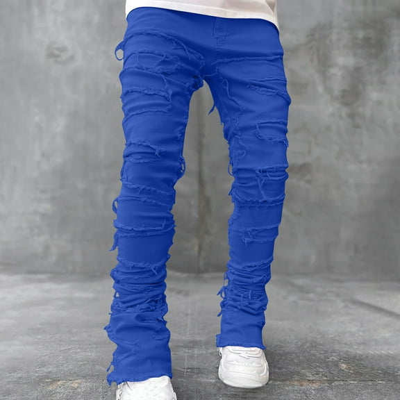 Mens Stacked Jeans Slim Fit Ripped Jeans Destroyed Straight Leg Denim Pants Harajuku Hip Hop Trouser Streetwear