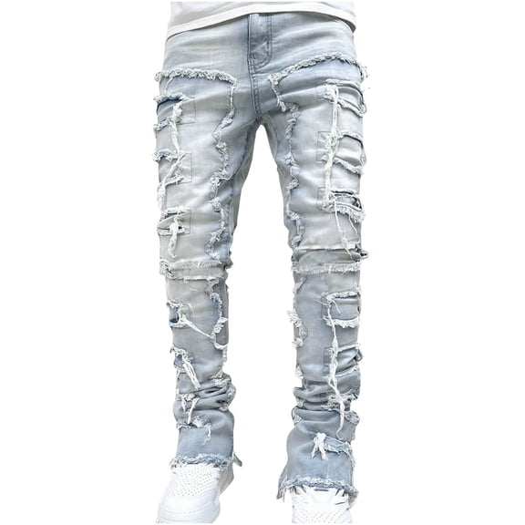 Mens Stacked Jeans Slim Fit Ripped Jeans Destroyed Straight Leg Denim Pants Harajuku Hip Hop Trouser Streetwear
