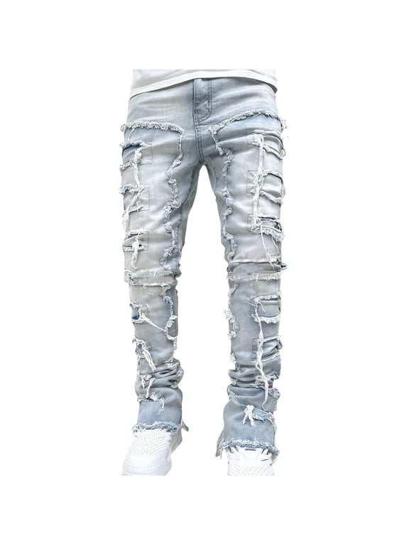 Mens Stacked Jeans Slim Fit Ripped Jeans Destroyed Straight Leg Denim Pants Harajuku Hip Hop Trouser Streetwear