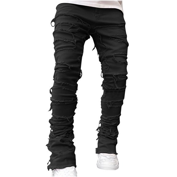 Mens Stacked Jeans Slim Fit Ripped Jeans Destroyed Straight Leg Denim Pants Harajuku Hip Hop Trouser Streetwear