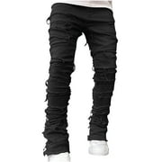 Mens Stacked Jeans Slim Fit Ripped Jeans Destroyed Straight Leg Denim Pants Harajuku Hip Hop Trouser Streetwear