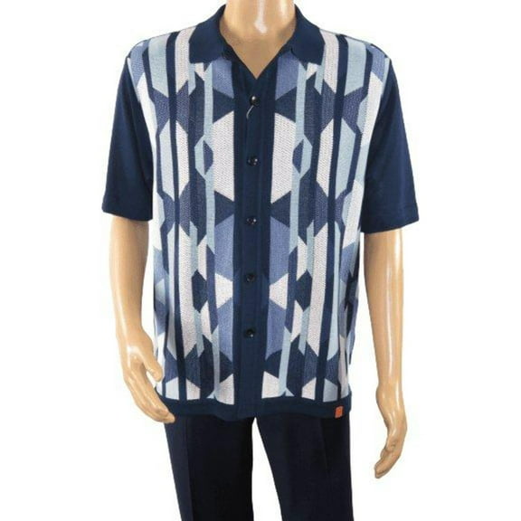 Mens Stacy Adams Italian Style Knit Woven Shirt Short Sleeves 3117 Navy Blue
