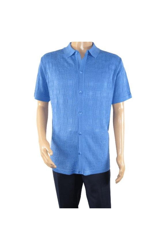 Mens Stacy Adams Italian Style Knit Woven Shirt Short Sleeves 3128 Denim Blue
