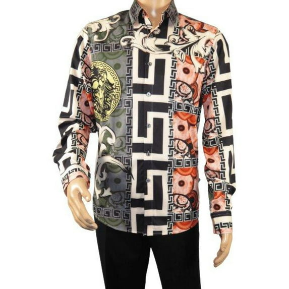 Mens Stacy Adams Medallion Lion Print Sports Shirt Stage Singer 4951 Gray Multi