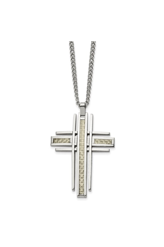Mens Stainless Steel 3D Cross Pendant Necklace with Textured Silver Tone Inlay Modern Layered Design Spiritual Symbol Bold Contemporary Jewelry for Daily Wear or Special Occasion