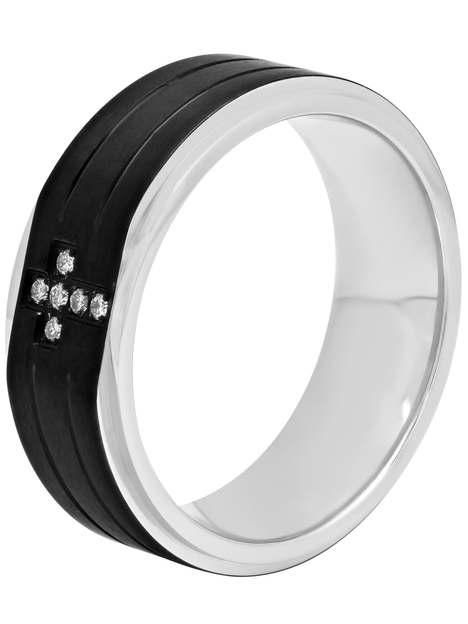 Mens Stainless Steel 8MM White Diamond Accent Cross Wedding Band