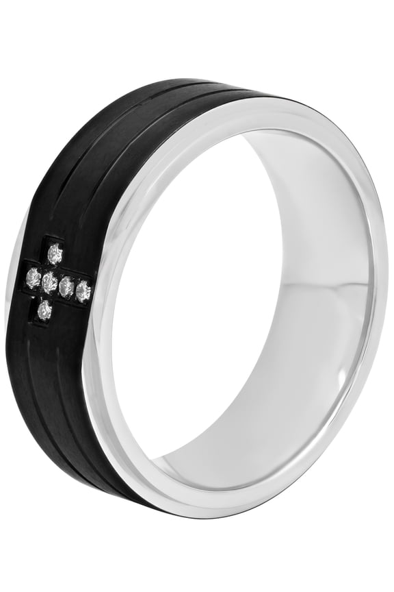 Mens Stainless Steel 8MM White Diamond Accent Cross Wedding Band