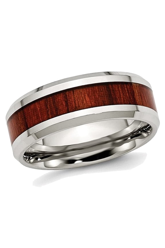 Gem & Harmony Mens Stainless Steel 8mm Polished Red Wood Inlay Wedding Band Ring for Men