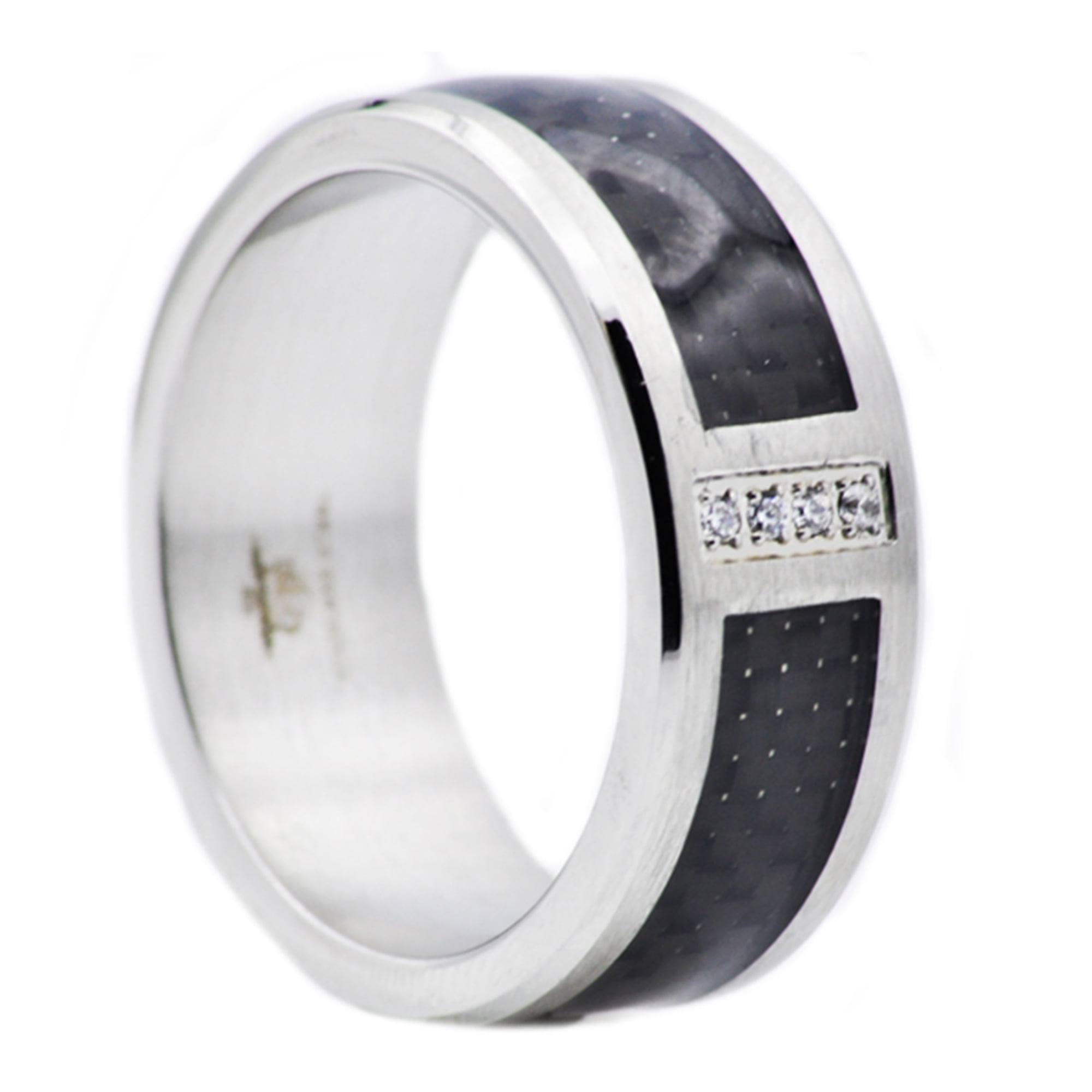 Mens Stainless Steel And Carbon Fiber Ring With Cubic Zirconia