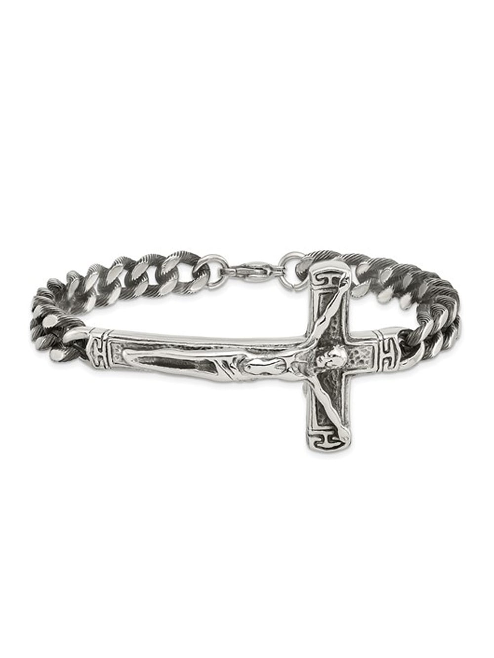 Gem & Harmony Mens Stainless Steel Antiqued Cross Bracelet (8.75 inches) for Men