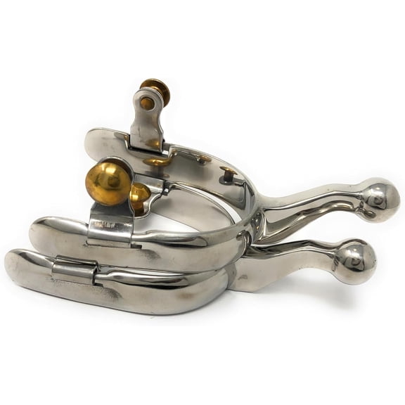Mens Stainless Steel Ball End Spurs, Humane Western Riding Spurs with 2 7/8 Shank, Brass Buttons, Gentle Cue Design