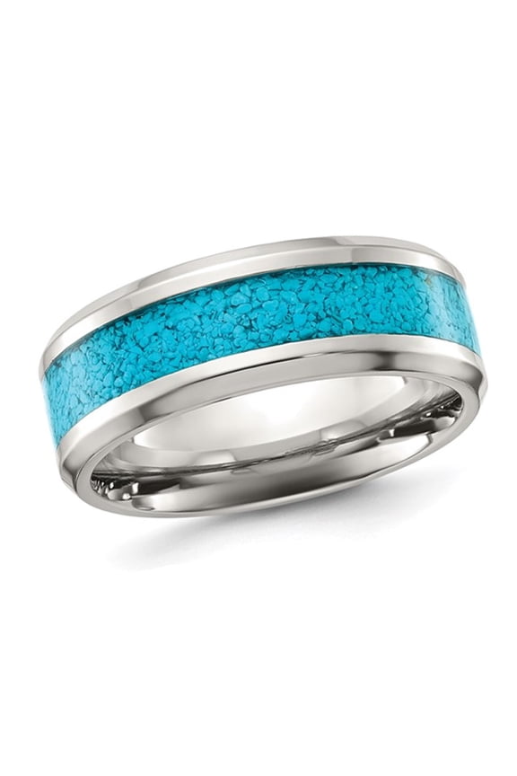 Mens Stainless Steel Band Ring with Turquoise Inlay (8mm)