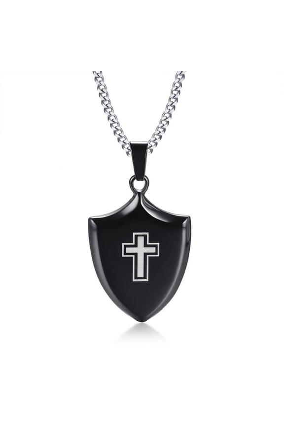 Mens Stainless Steel Bible Verse Christ Cross Shield Necklace IP Black Plated Scripture Quote Engraved Christian Pendant Jewelry for Husband Boyfriend Son Dad Gift
