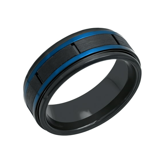 Mens Stainless Steel Black & Blue IP Grooved wedding Band - Mens ring
