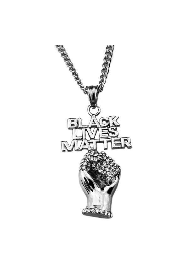 Mens Stainless Steel Black Lives Matter Iced 3D Raised Fist  Hip Hop Cuban Necklace 24" Inch