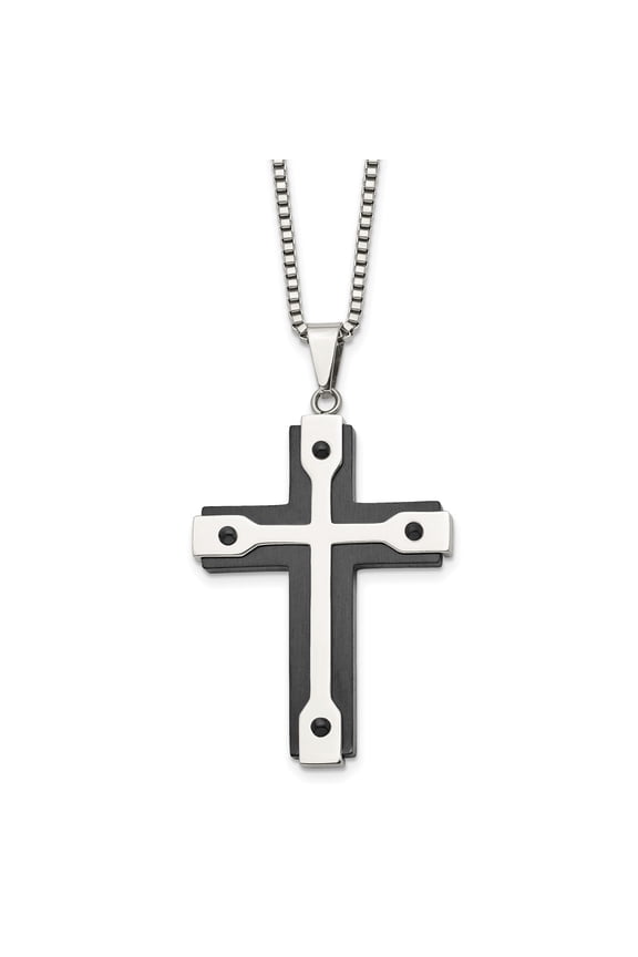 Mens Stainless Steel Black and Silver Layered Cross Necklace with Box Chain Matte and Polished Finish Rivet Accents Dimensional Modern Pendant Industrial Contemporary Jewelry for Casual or Formal Wea