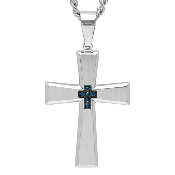 Mens Stainless Steel Blue Diamond Accent Cross Pendant Necklace Chain