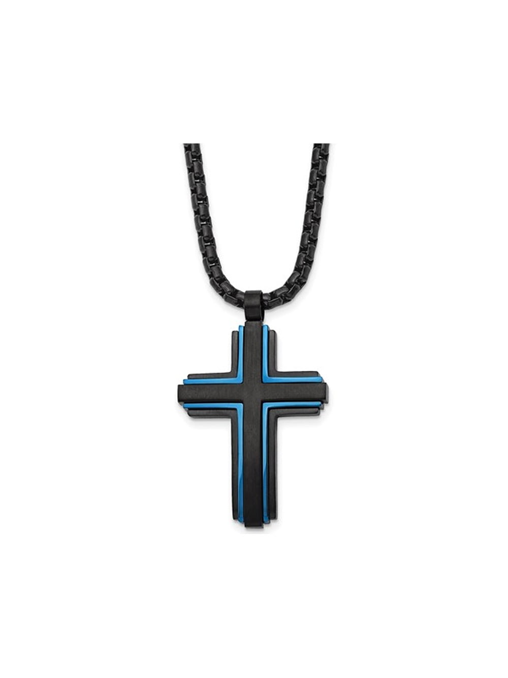 Mens Stainless Steel Blue and Black Cross Necklace with Chain